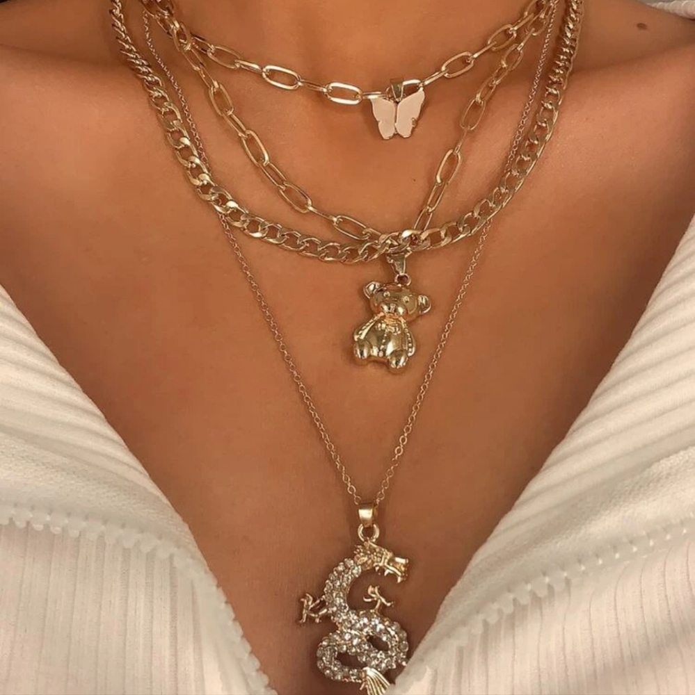 GOLD 4 PIECE LAYERED CHARM NECKLACE SET DRAGON BEAR CHAINS‎ RHINESTONE LUXURY